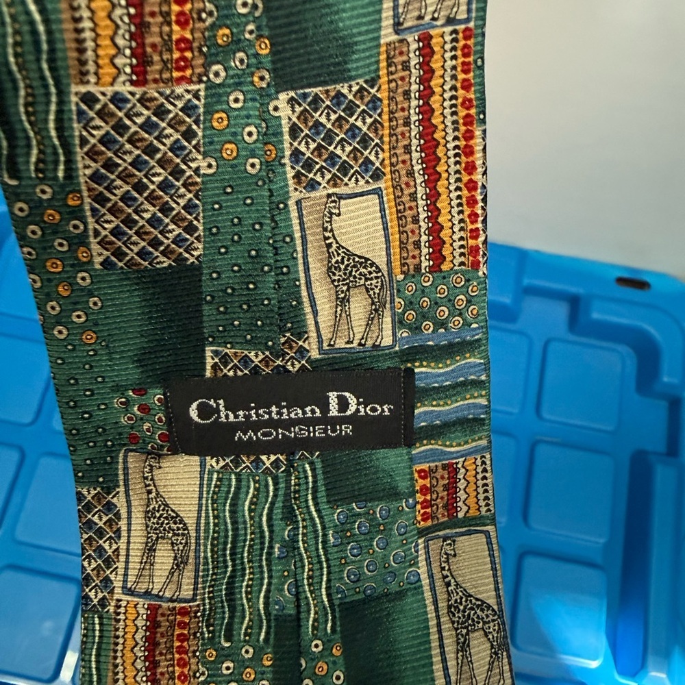 Vintage Dior Green Teal Patterned Giraffe Motif Tie - Picture 3 of 4
